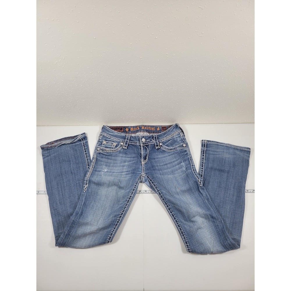 Rock Revival Bianca Bootcut Jeans Womens 28 Blue Excellent Fleur-De-Lis Stitch